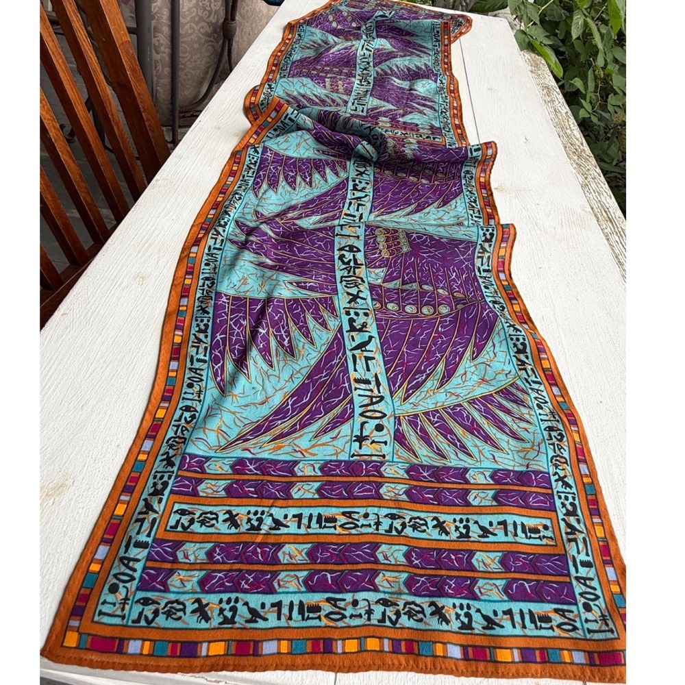 Museum of Fine Arts Boston Egyptian Hieroglyphic Silk Scarf Teal Purple Orange